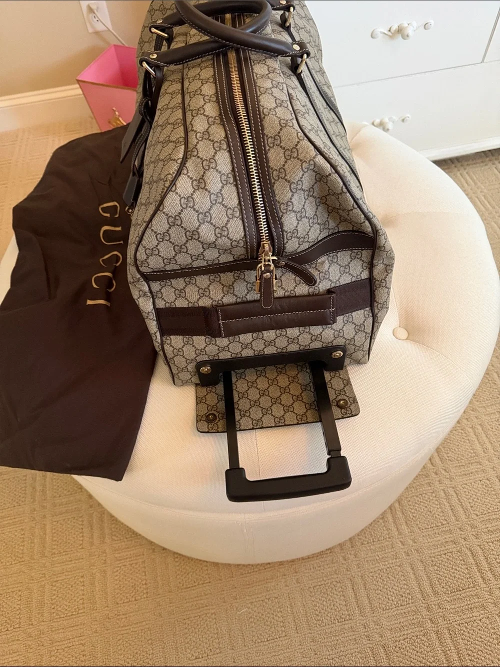 Authentic Gucci Beige Brown GG Supreme Rolling Duffel with Dark Brown Trim